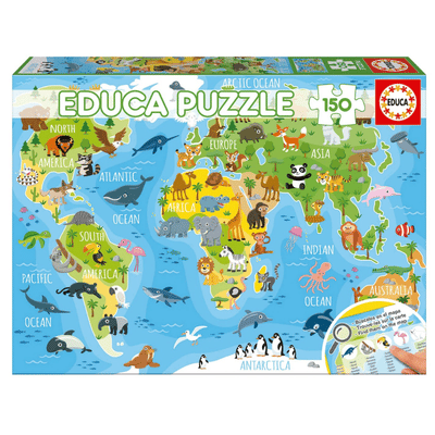 פאזל מפת בעלי החיים 150 חלקים של אדוקה עם חיות מכל העולם מורכב על שולחן