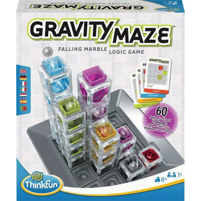 משחק גרביטי מייז של ThinkFun עם מגדלים שקופים, גולות וכרטיסי אתגר